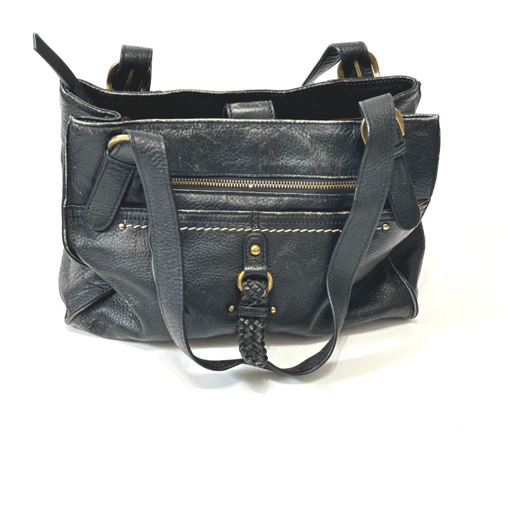 Born Black Pebbled Genuine Leather Shoulder Bag Brass Buckle Double Strap Tote